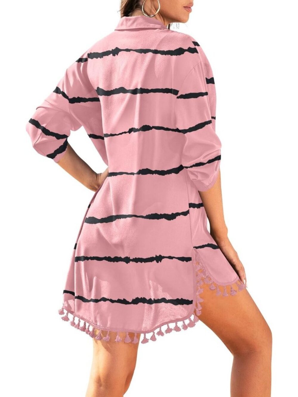 Women's Strip Pink Polyester Cover Up Tassel Swimsuit Bathing Suit for Swimwear - Picture 2 of 3